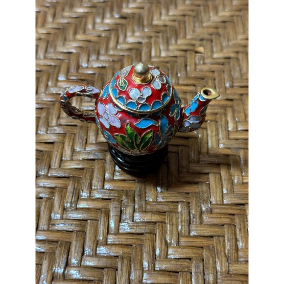 Miniature Cloisonné Enamel Teapot With Stand  Floral Design  Blue Interi… - Picture 2 of 11